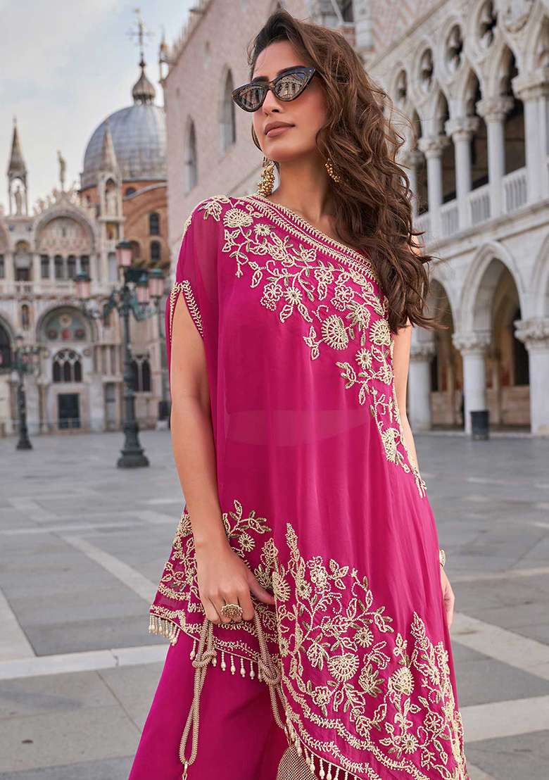 Rani Pink Embroidered Crepe Salwar Kameez - Indya