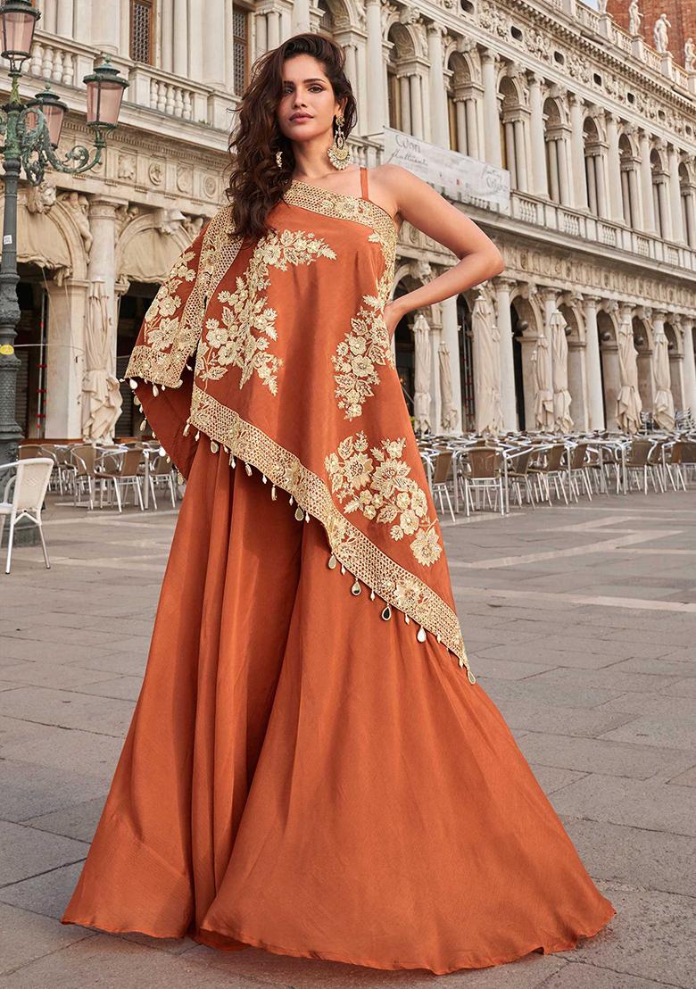 Orange Embroidered Crepe Salwar Kameez