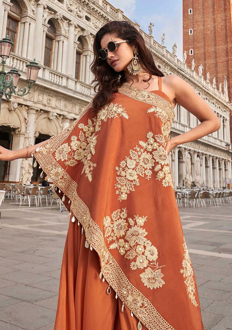 Orange Embroidered Crepe Salwar Kameez