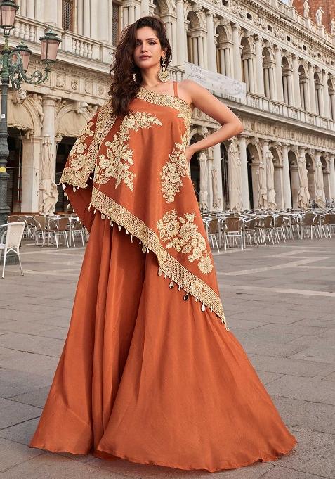 Orange Embroidered Crepe Salwar Kameez