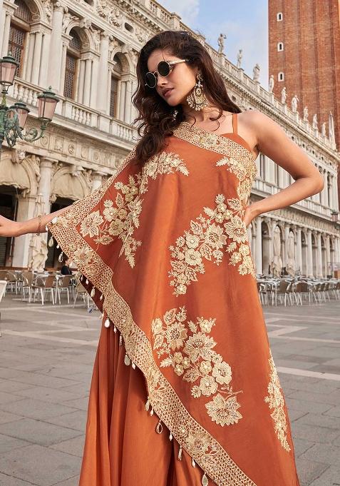 Orange Embroidered Crepe Salwar Kameez