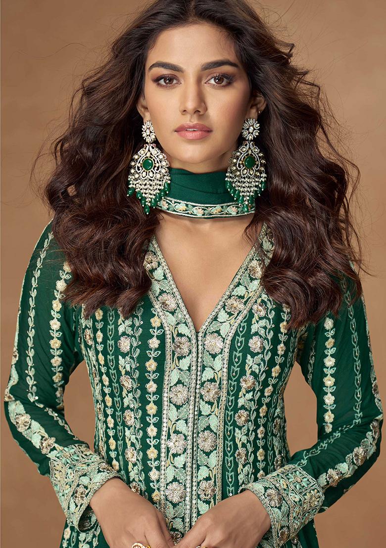 Green Embroidered Chinon Salwar Kameez - Indya