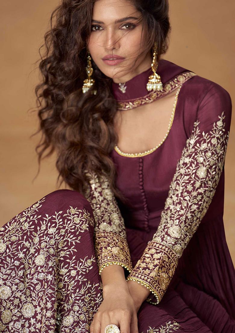 Wine Embroidered Chinon Salwar Kameez - Indya