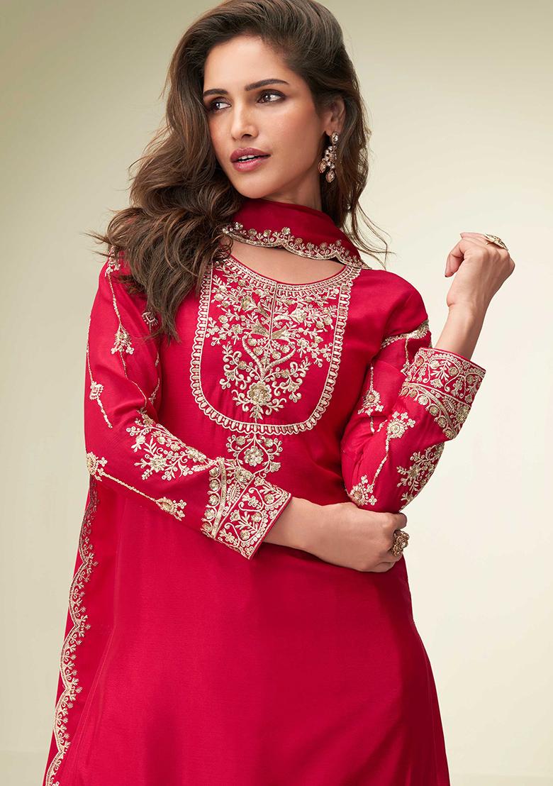 Red Embroidered Chinon Salwar Kameez - Indya