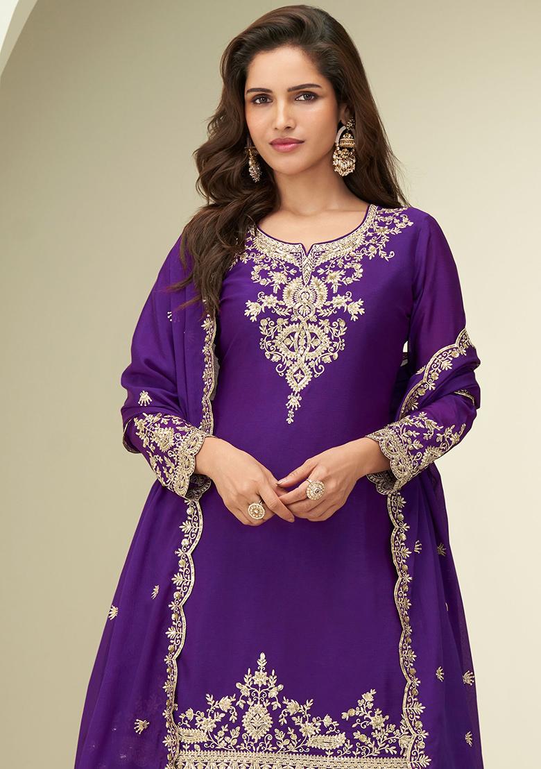 Purple Embroidered Chinon Salwar Kameez - Indya