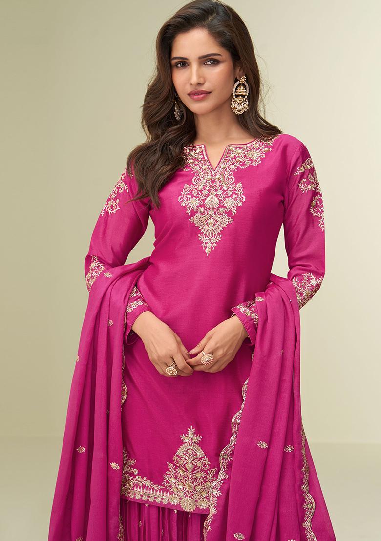 Pink Embroidered Chinon Salwar Kameez - Indya