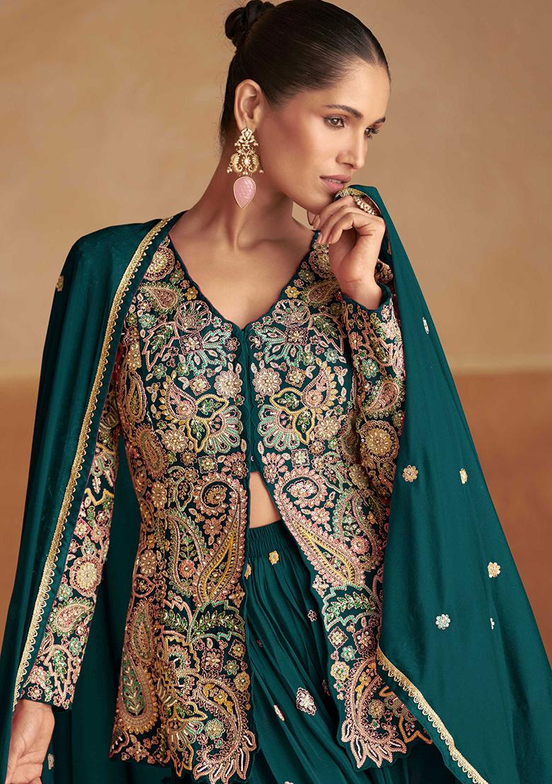 Teal Green Embroidered Chinon Salwar Kameez - Indya