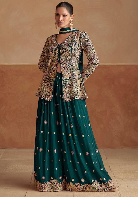 Teal Green Embroidered Chinon Salwar Kameez