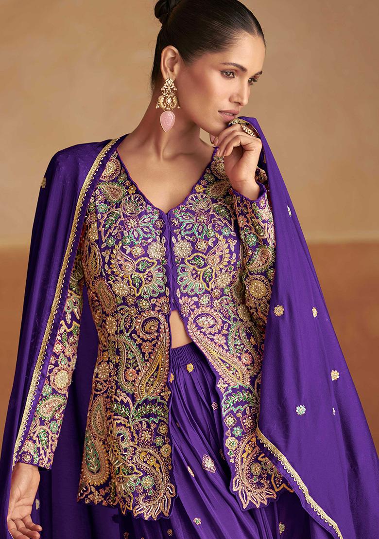 Purple Embroidered Chinon Salwar Kameez - Indya