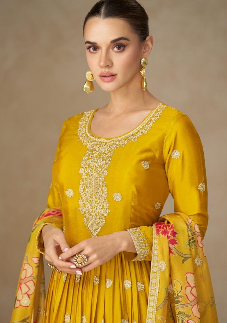 Mustard Embroidered Printed Chinon Salwar Kameez - Indya