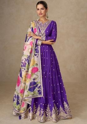 Purple Embroidered Printed Chinon Salwar Kameez