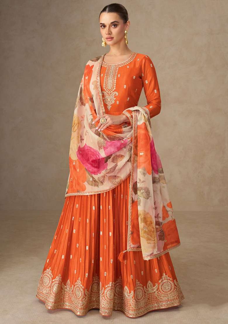 Orange Embroidered Printed Chinon Salwar Kameez - Indya