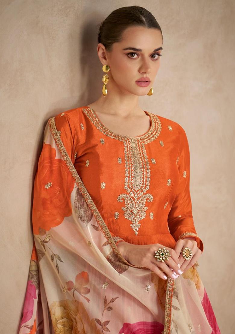 Orange Embroidered Printed Chinon Salwar Kameez - Indya