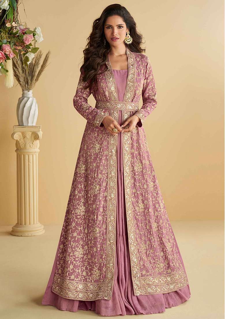 Pink Embroidered Chinon Anarkali Set - Indya