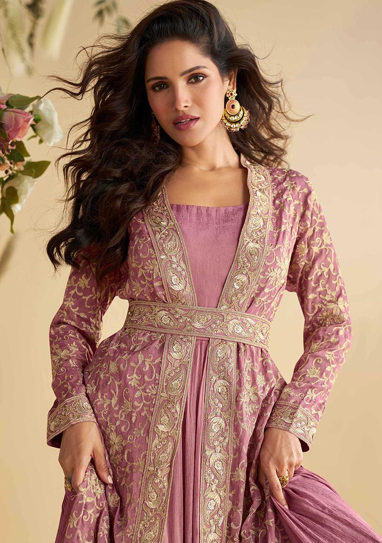 Pink Embroidered Chinon Salwar Kameez - Indya