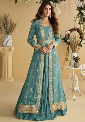Light Blue Embroidered Chinon Salwar Kameez