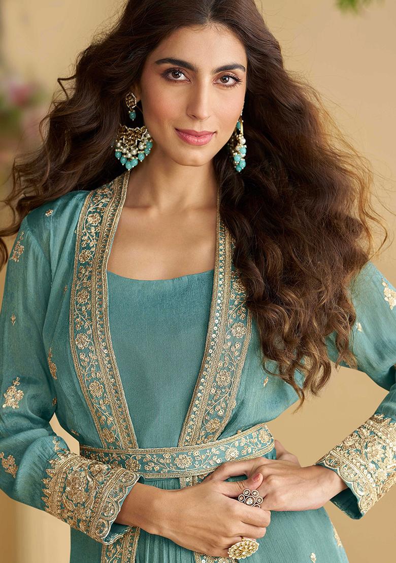 Light Blue Embroidered Chinon Salwar Kameez - Indya