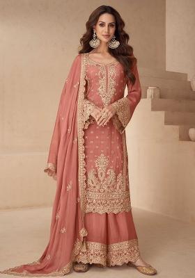 Peach Embroidered Chinon Salwar Kameez