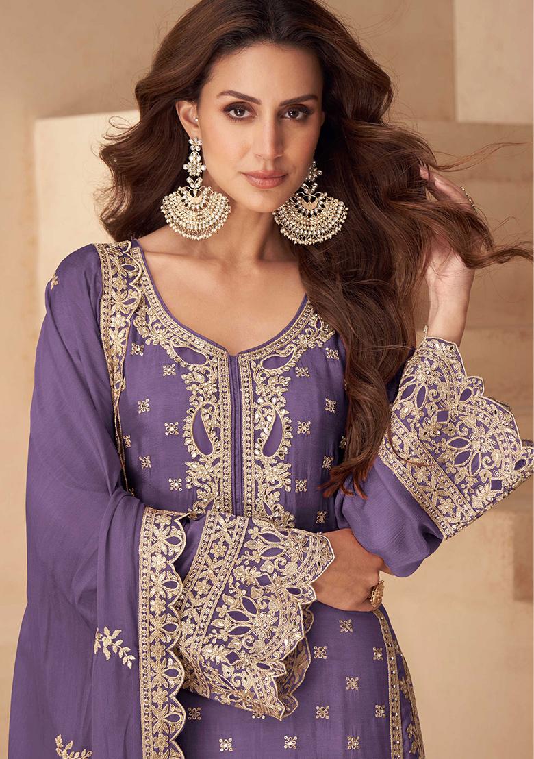 Lavender Embroidered Chinon Salwar Kameez - Indya