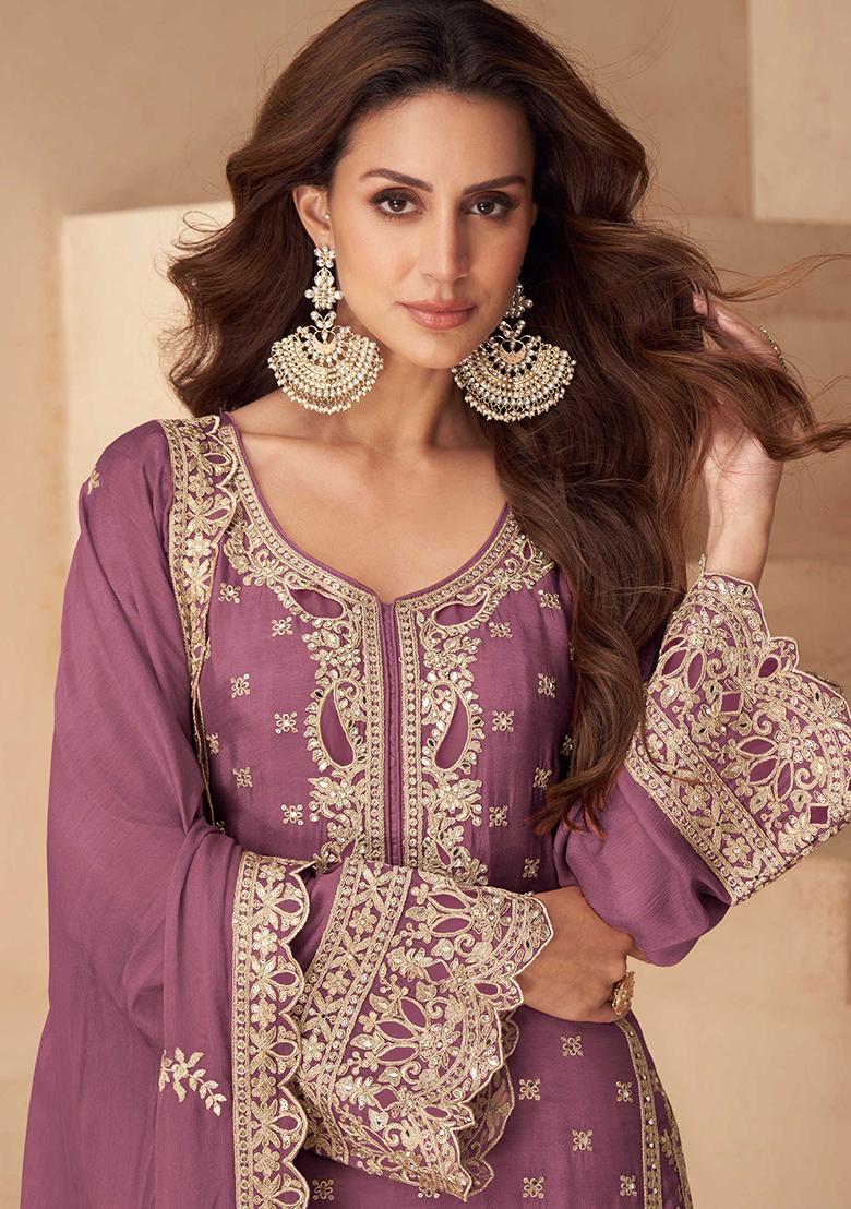 Lilac Embroidered Chinon Salwar Kameez - Indya