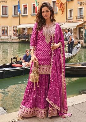 Pink Embroidered Printed Chinon Salwar Kameez