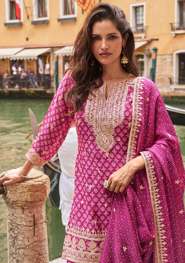 Pink Embroidered Printed Chinon Salwar Kameez