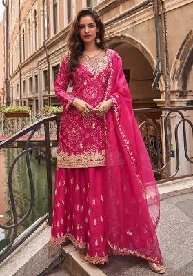 Rani Pink Embroidered Printed Chinon Salwar Kameez