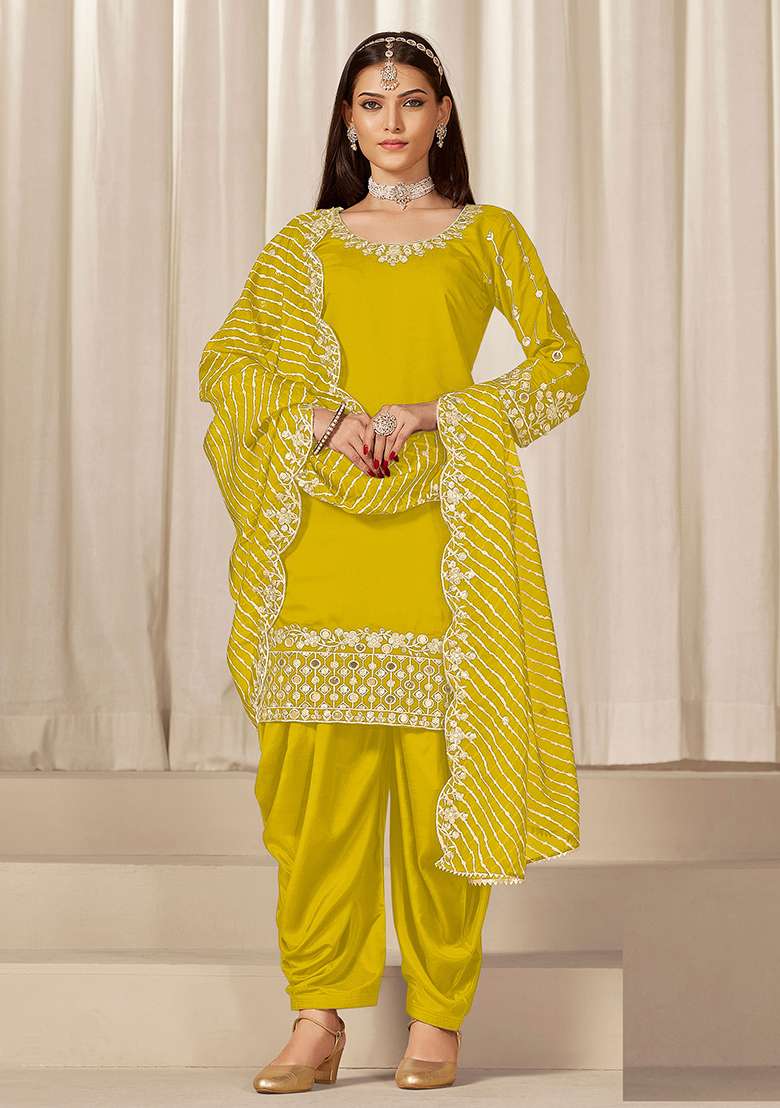 Yellow Embroidered Silk Blend Punjabi Suit - Indya