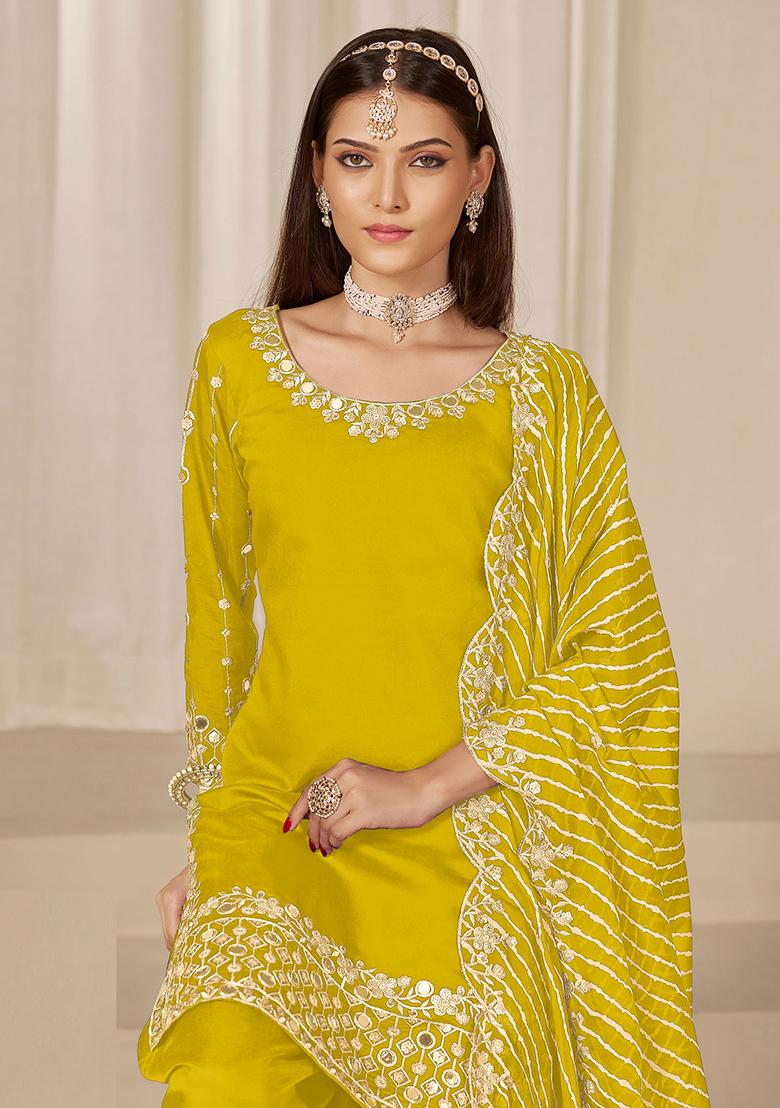 Yellow Embroidered Roman Silk Salwar Kameez - Indya