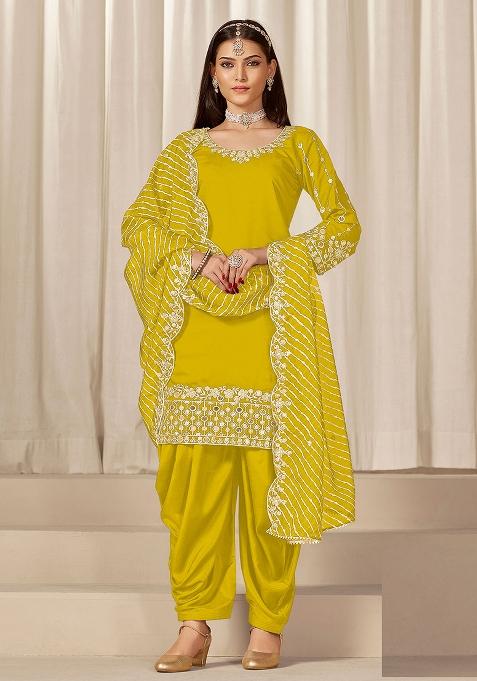 Yellow Embroidered Silk Punjabi Suit — view on Indya