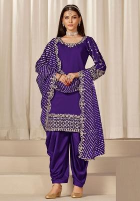 Purple Embroidered Roman Silk Salwar Kameez