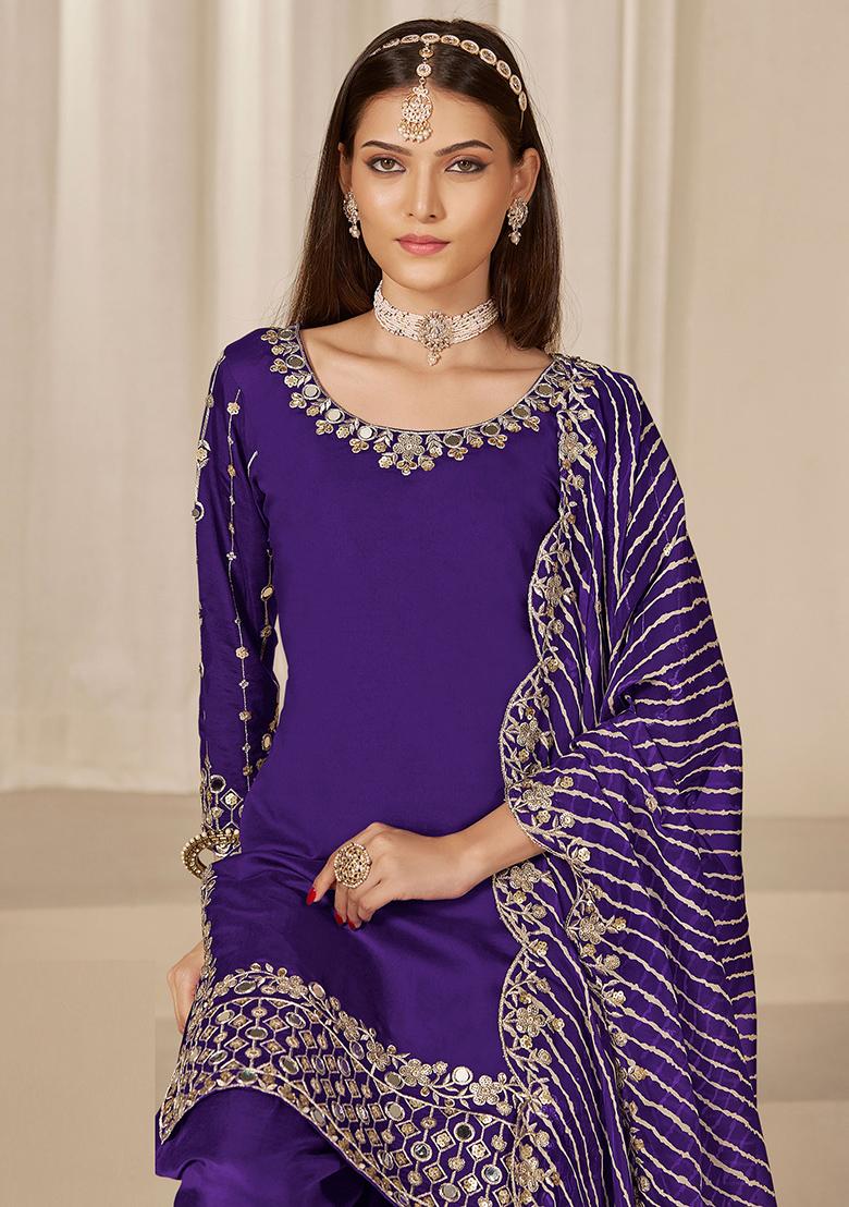 Purple Embroidered Roman Silk Salwar Kameez - Indya