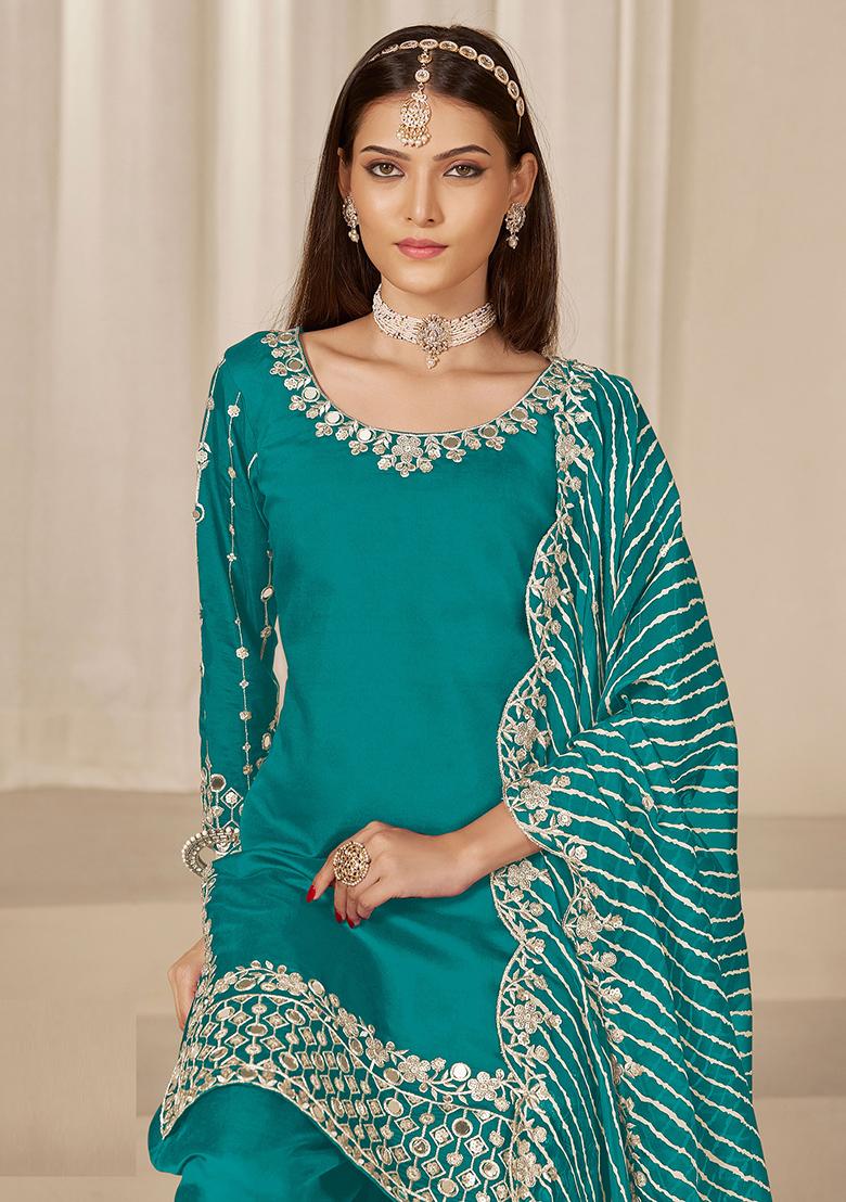 Blue Embroidered Roman Silk Salwar Kameez - Indya