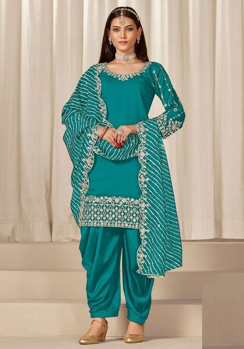 Blue Embroidered Silk Punjabi Suit — view on Indya