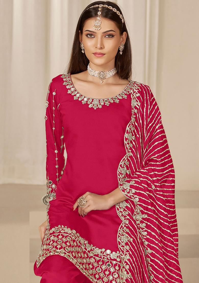 Red Embroidered Roman Silk Salwar Kameez - Indya
