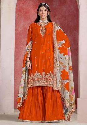 Orange Embroidered Printed Chinon Salwar Kameez