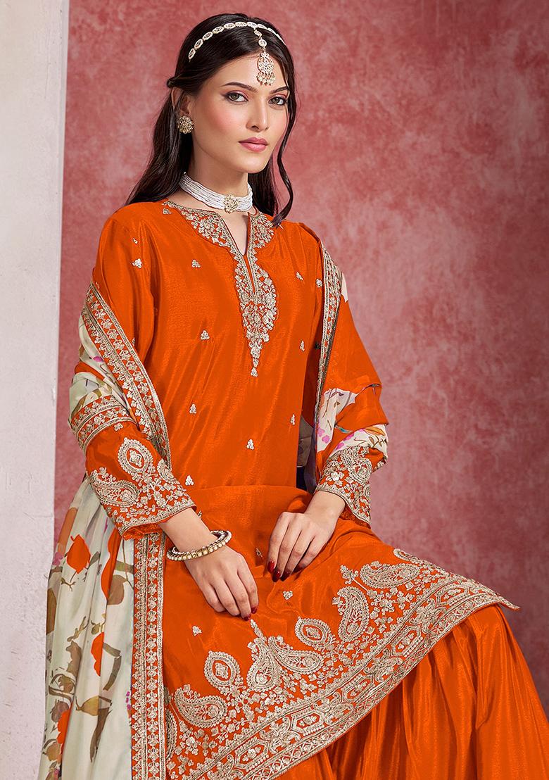 Orange Embroidered Printed Chinon Salwar Kameez - Indya