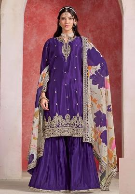 Purple Embroidered Printed Chinon Salwar Kameez