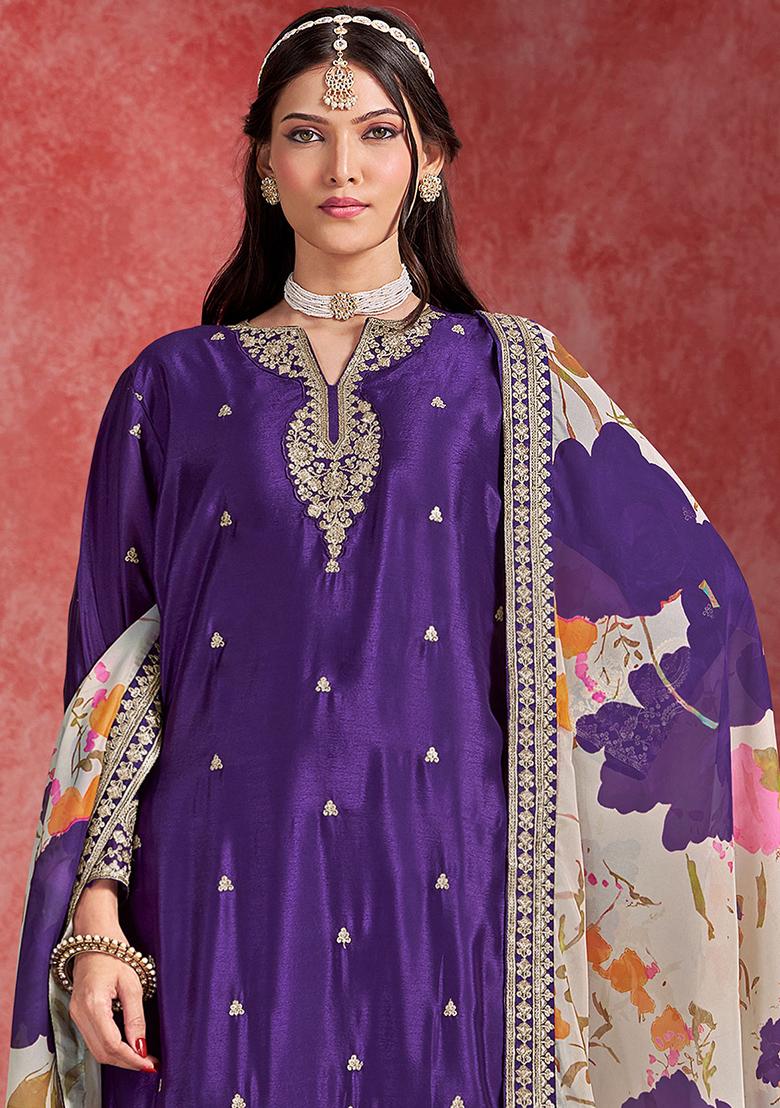 Purple Embroidered Printed Chinon Salwar Kameez - Indya