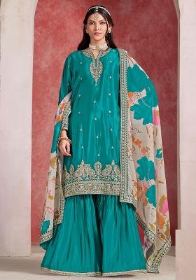 Blue Embroidered Printed Chinon Salwar Kameez