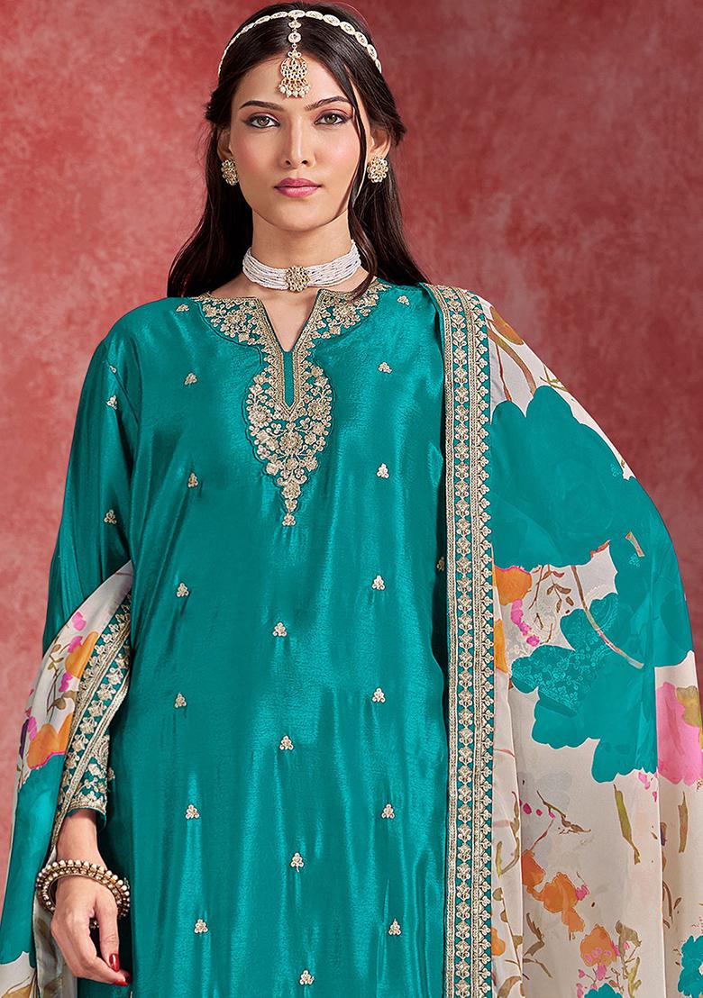 Blue Embroidered Printed Chinon Salwar Kameez - Indya