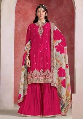 Rani Pink Embroidered Printed Chinon Salwar Kameez