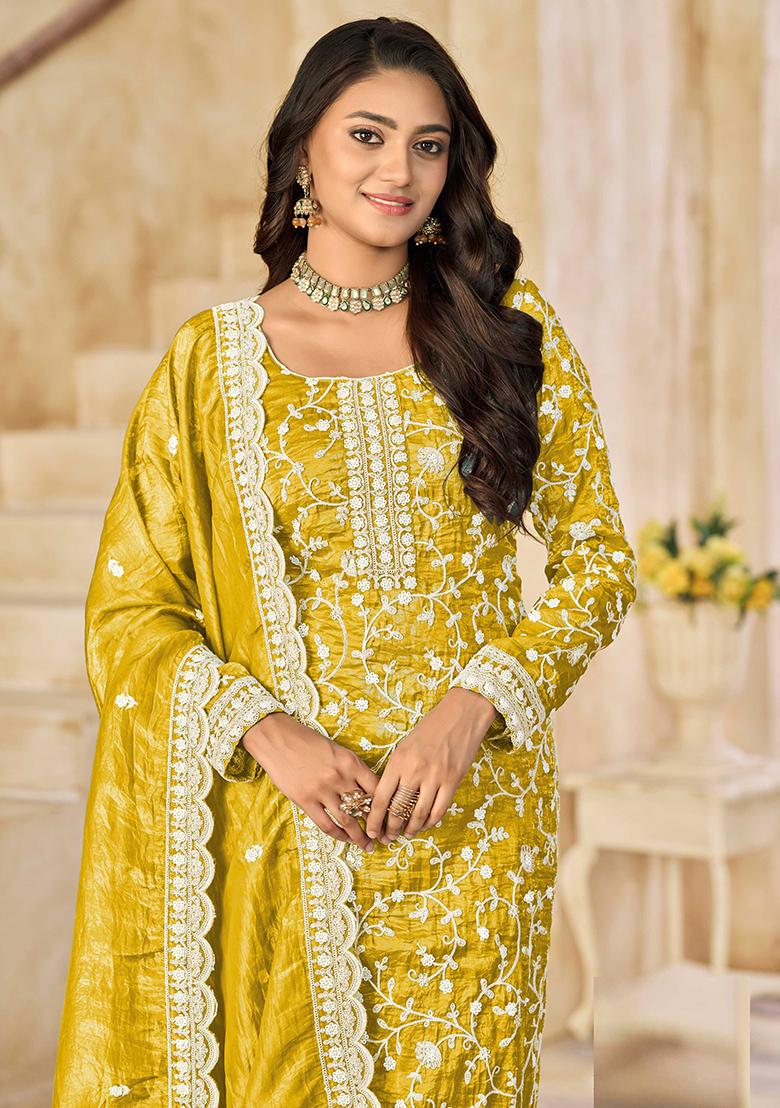 Yellow Embroidered Organza Salwar Kameez - Indya