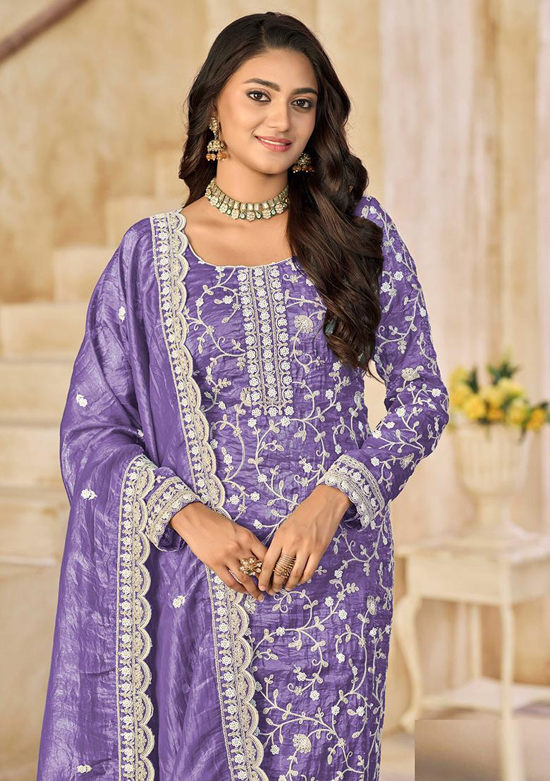 Purple Embroidered Organza Salwar Kameez - Indya