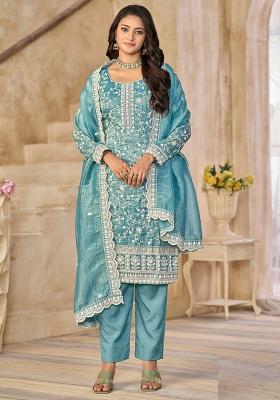 Blue Embroidered Organza Salwar Kameez