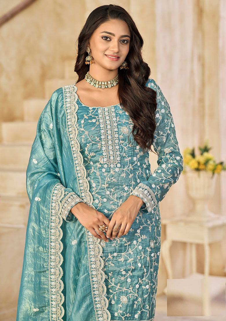 Blue Embroidered Organza Salwar Kameez - Indya