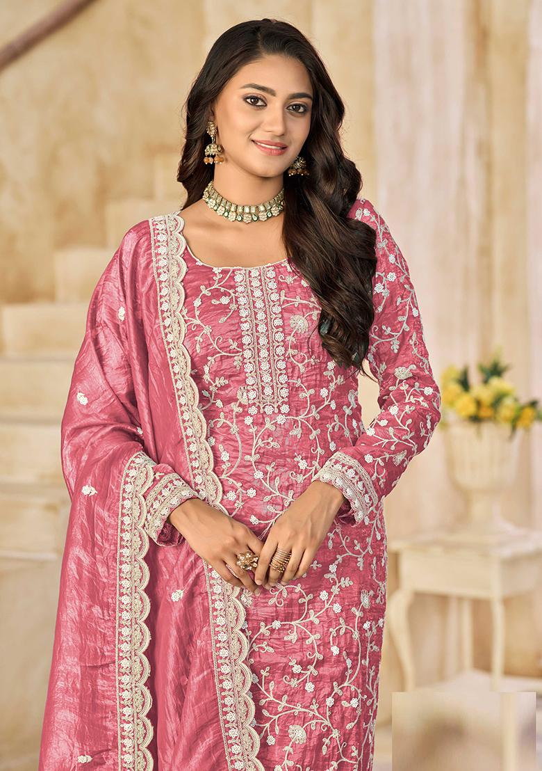 Pink Embroidered Organza Salwar Kameez - Indya