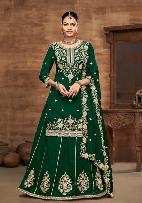 Green Embroidered Printed Vichitra Silk Salwar Kameez