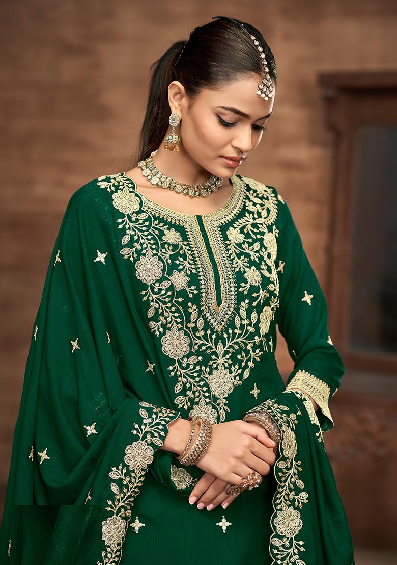 Green Embroidered Printed Vichitra Silk Salwar Kameez - Indya