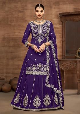 Purple Embroidered Printed Vichitra Silk Salwar Kameez